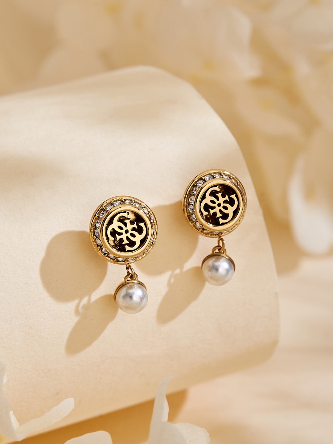 Guess Women Tiny Pearly Gold Pleated Steel Drop Earrings