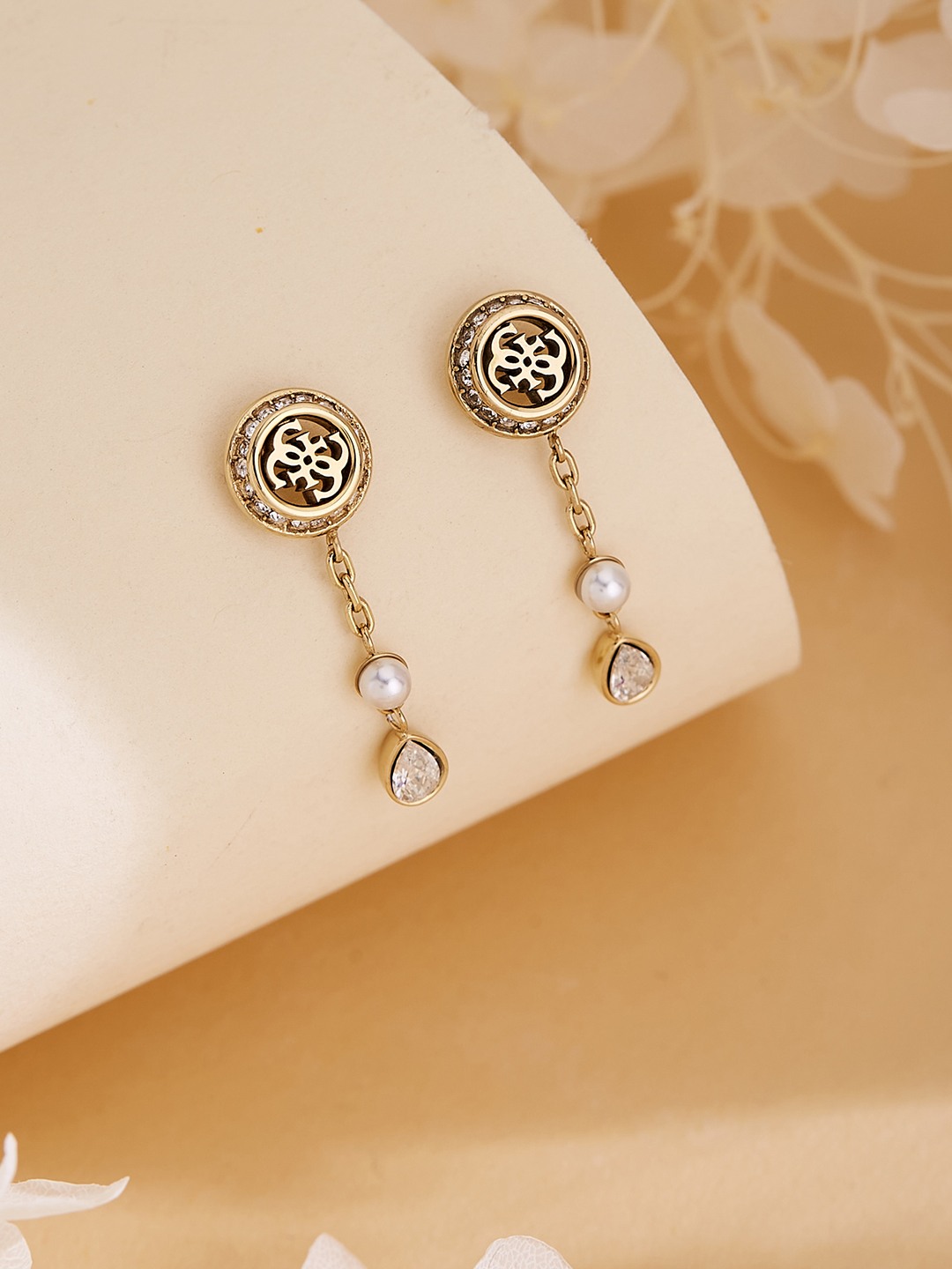 Guess Women Tiny Pearly Gold Pleated Steel Drop Earrings