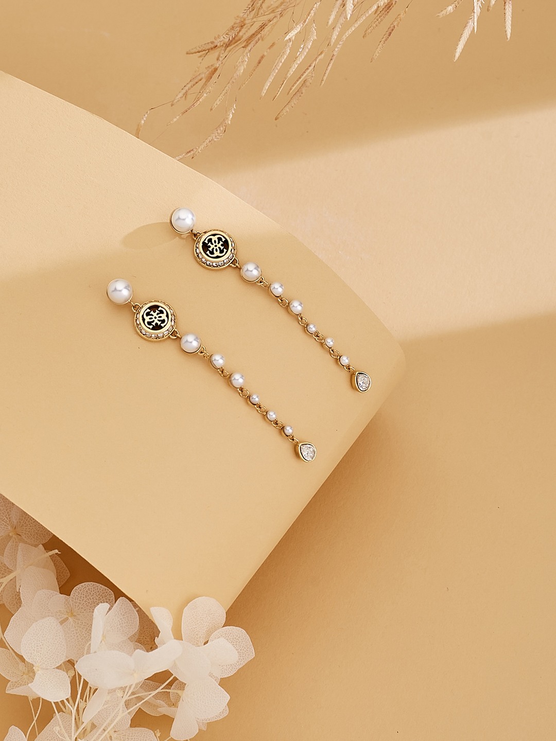 Guess Women Tiny Pearly Gold Pleated Steel Drop Earrings