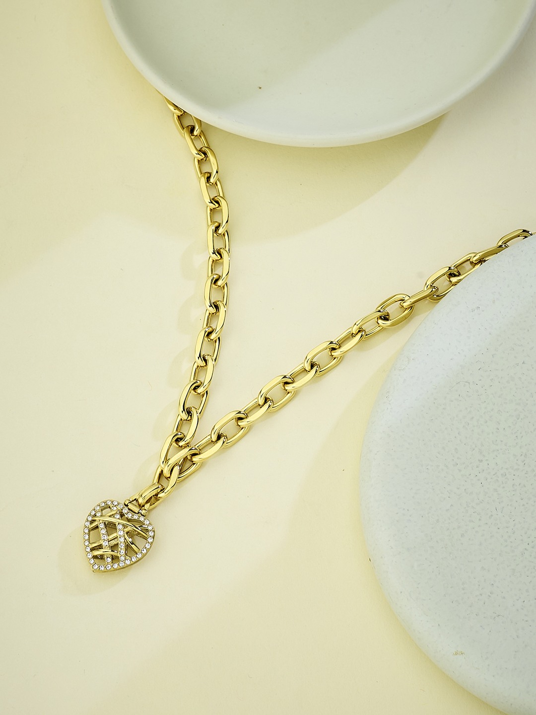 Guess Women Stainless Steel Crystal Heart Cage Necklace