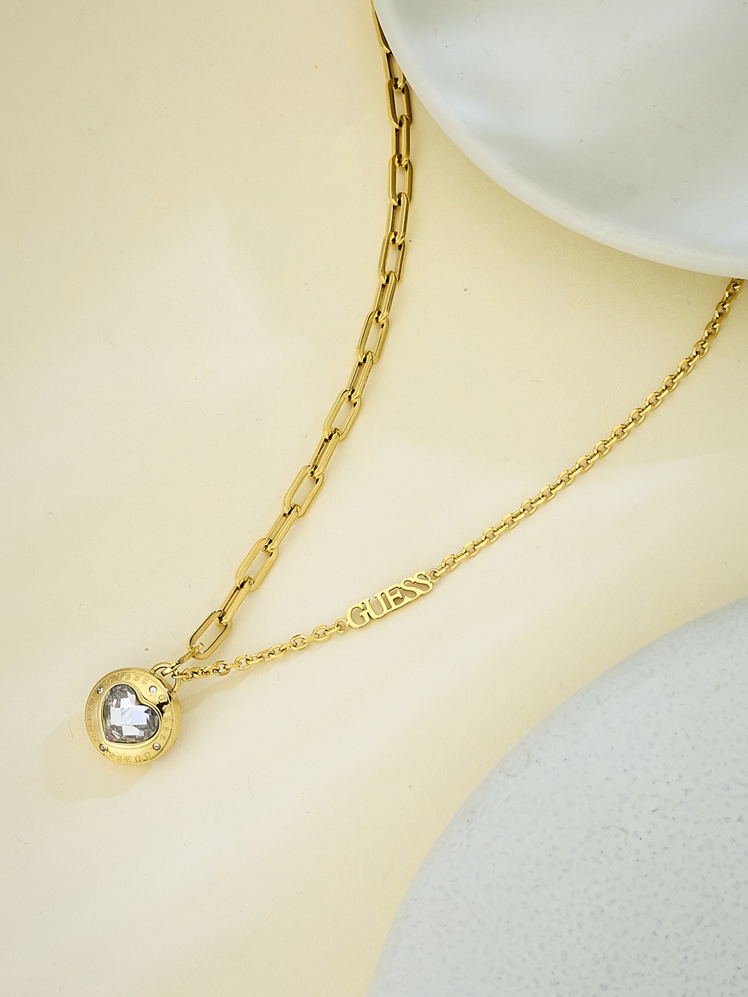 Guess Women Stainless Steel Crystal Rolling Hearts Necklace