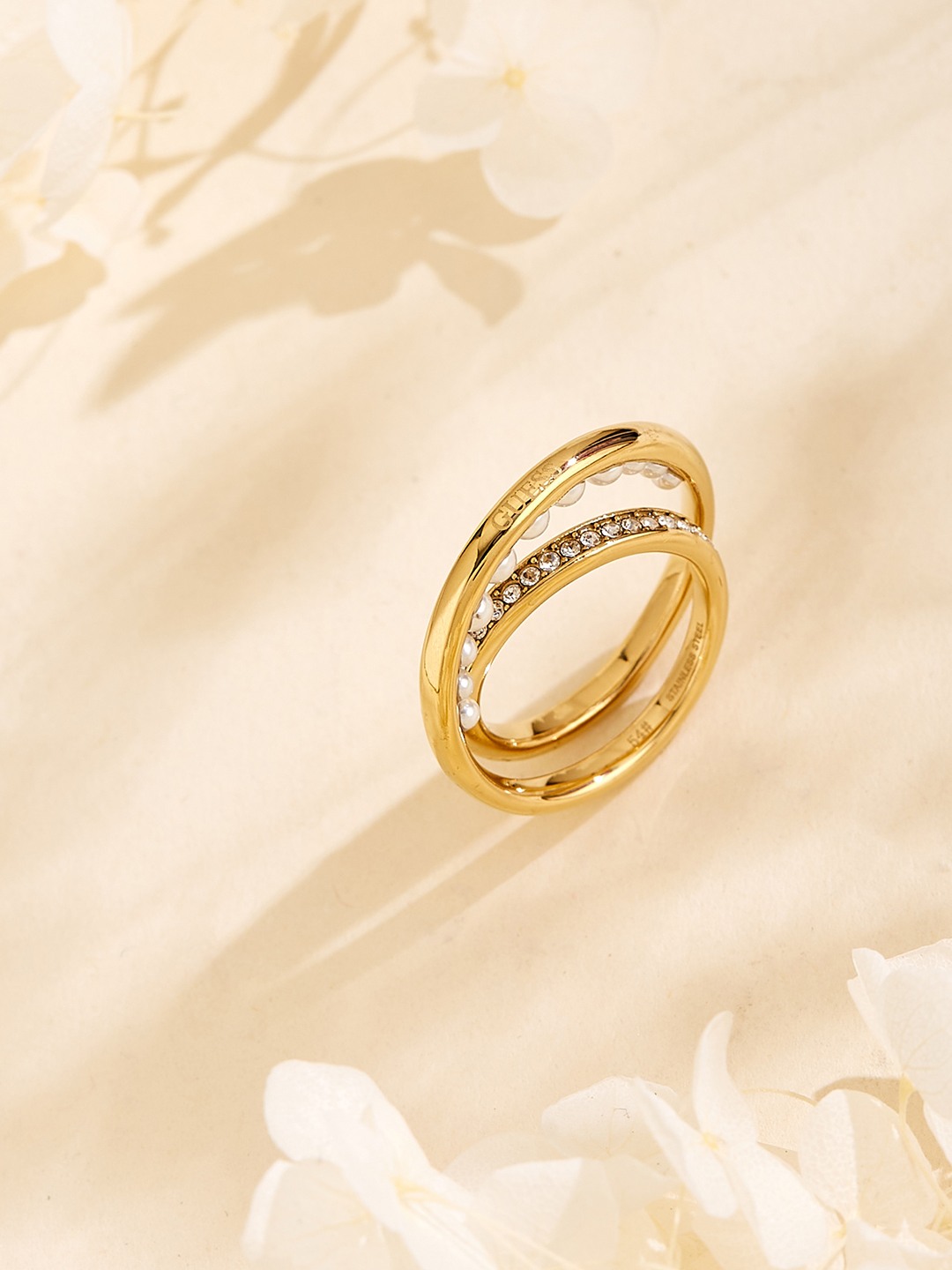 Guess Women Tiny Pearly Gold Pleated Steel Ring