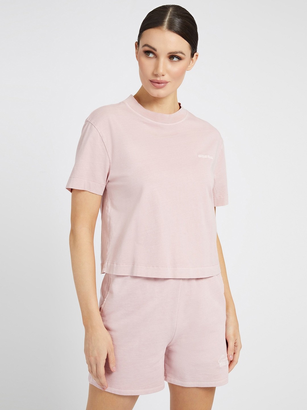Women Pink Solid Crew Neck Short Sleeves T-Shirt