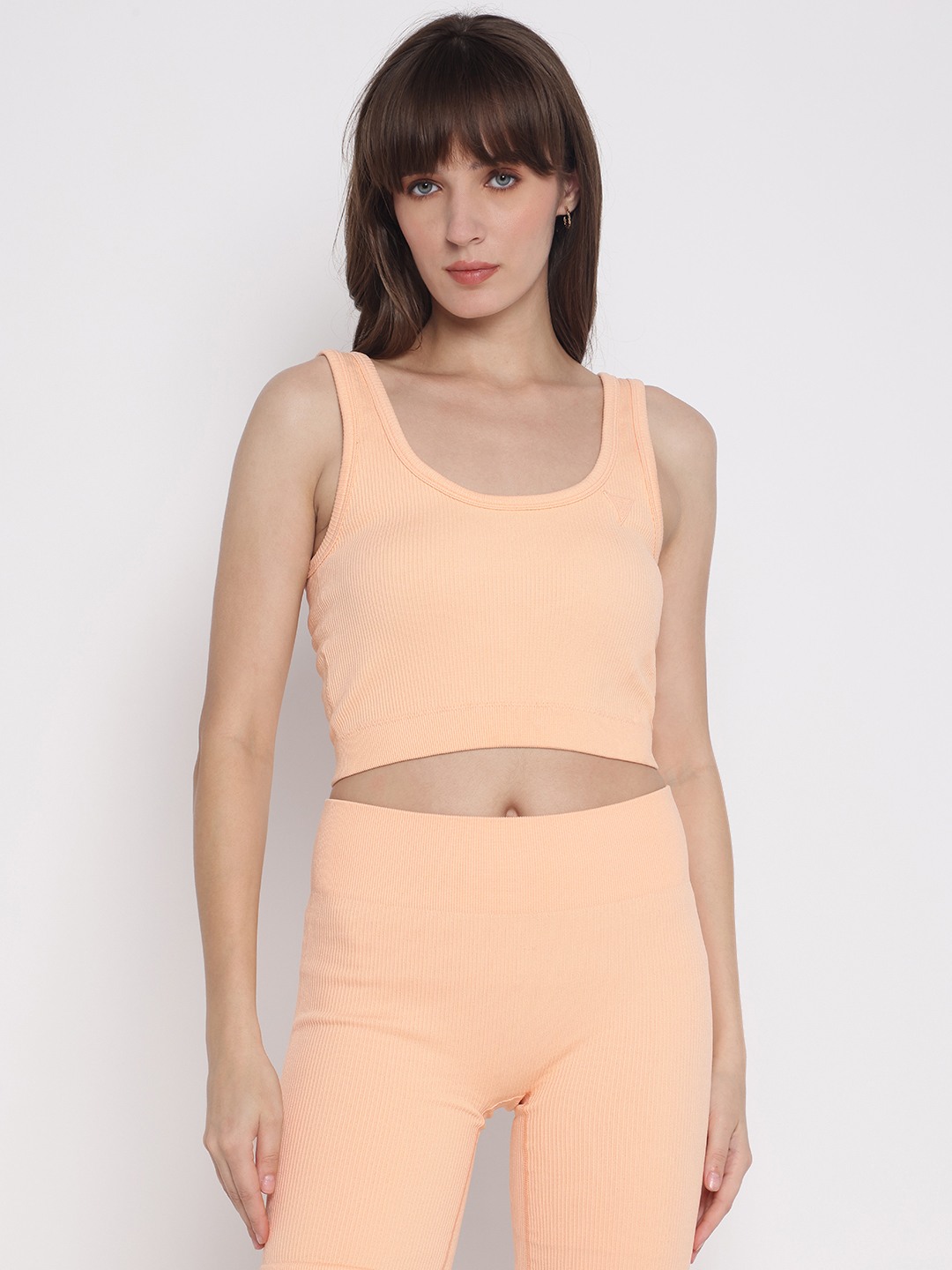 Peach Solid Scoop Neck Sleeveless Crop Top