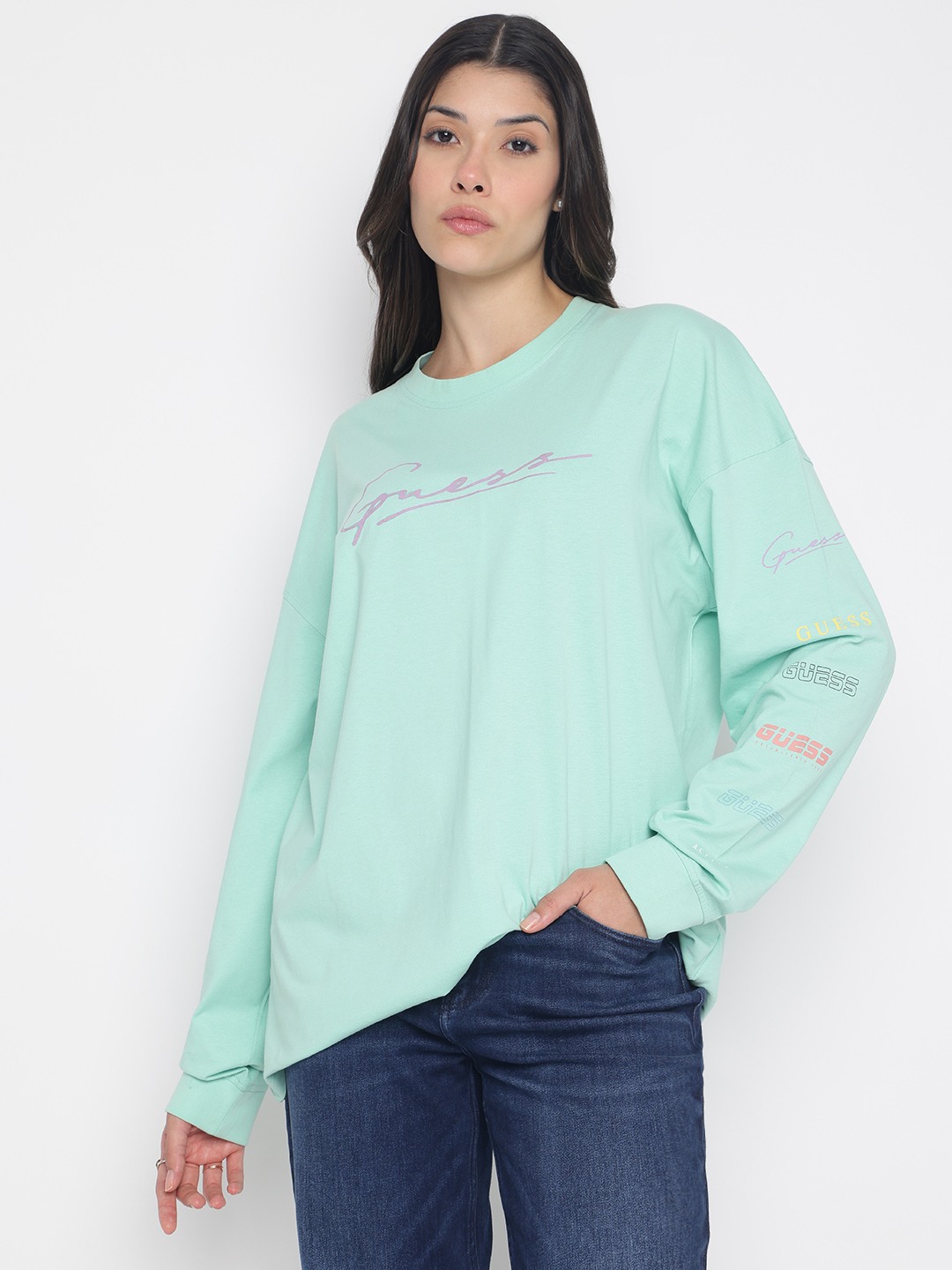 Sea Green Printed Crew Neck Full Sleeve T-Shirt