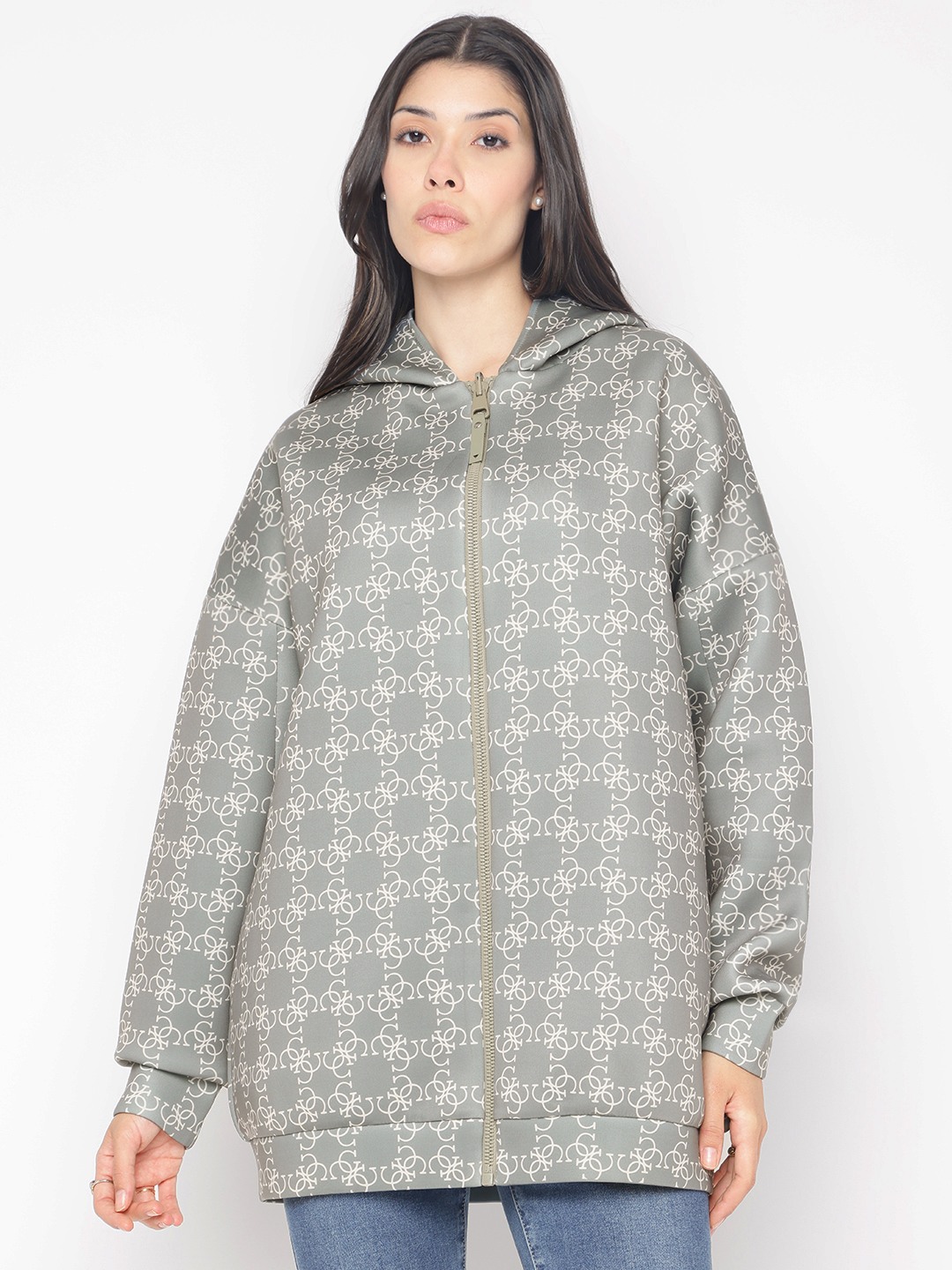 Olive Printed Hood Full Sleeve Reversible Jacket