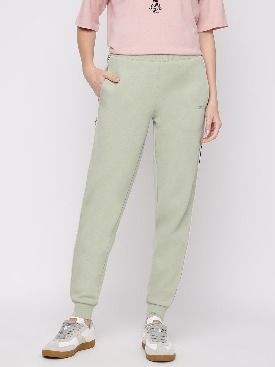 Guess Women's Green Solid High-Rise Regular Fit Joggers