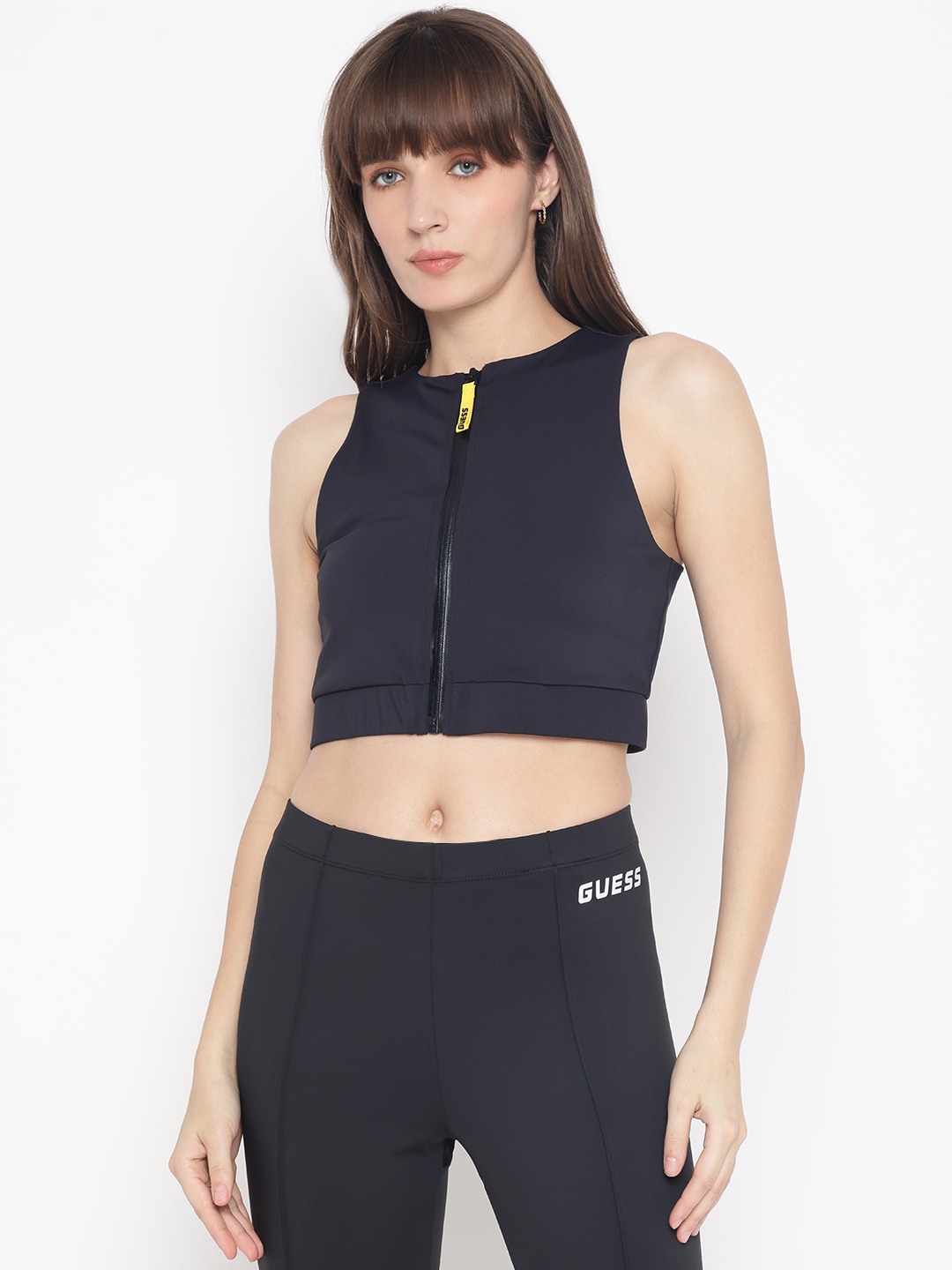 Black Solid Round Sleeveless Crop Top