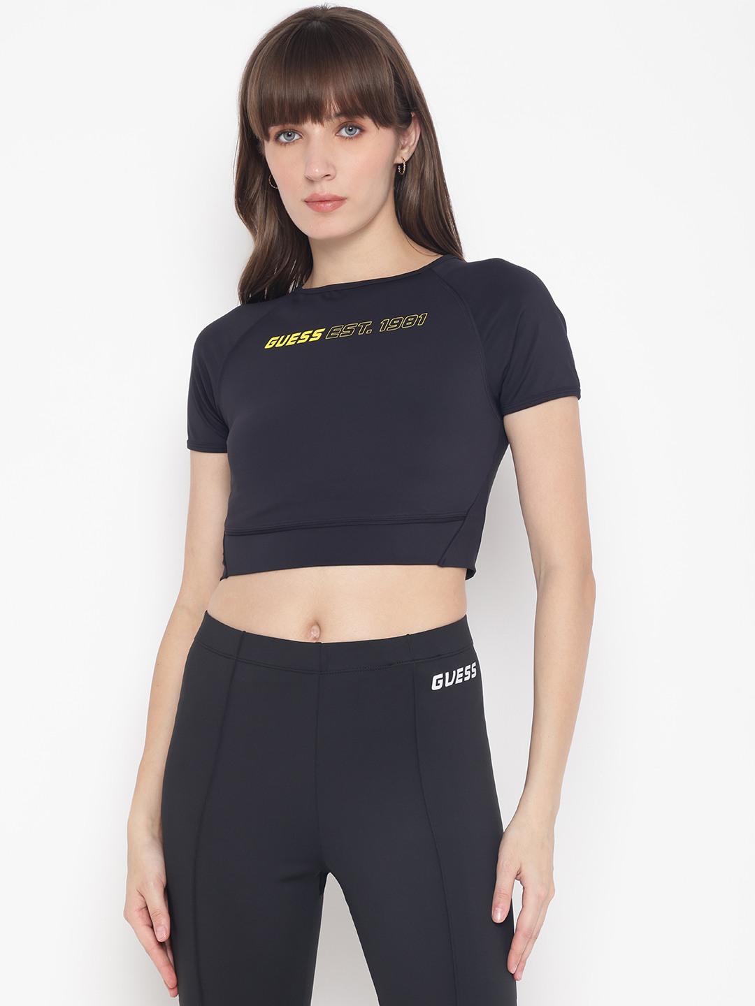 Black Printed Round Short Sleeve Crop Top