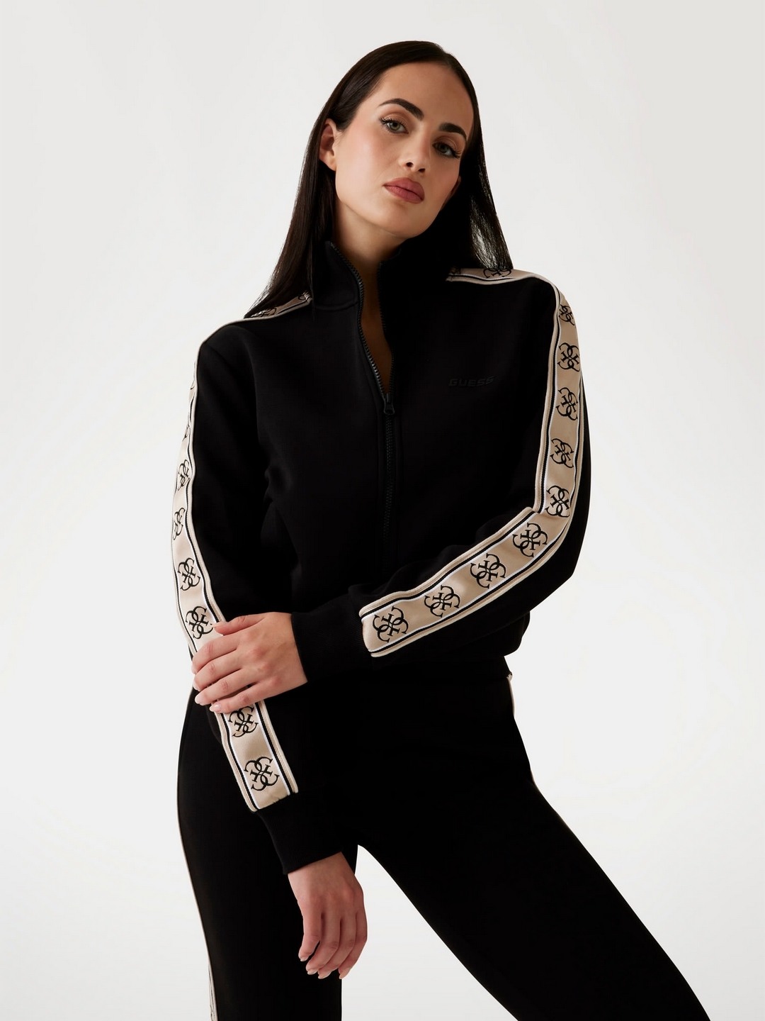 Guess Women Solid High Neck Full Sleeves Zipped Sweatshirt