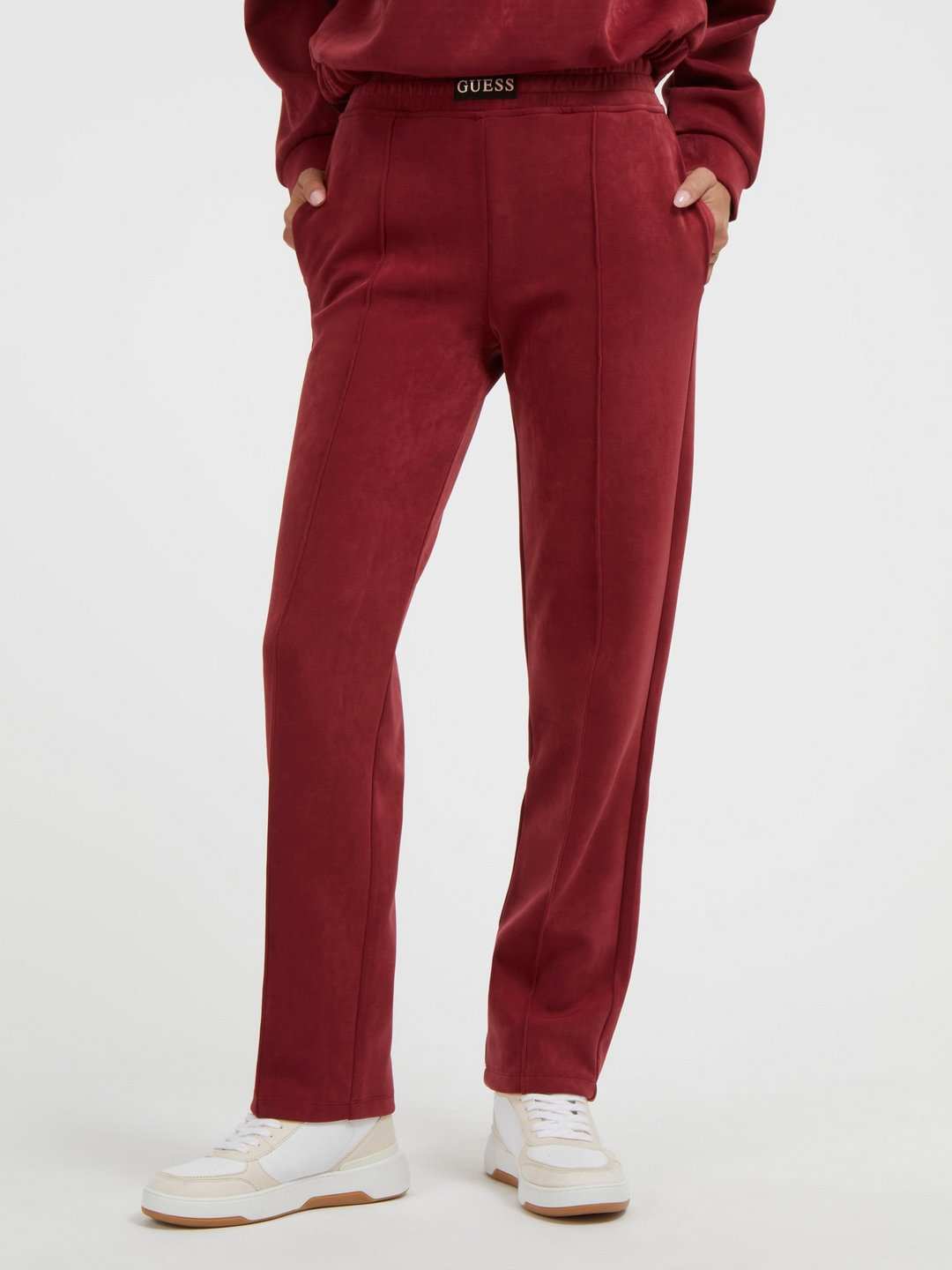 Women Beet Juice Red Solid Aleta Straight Faux Suede Pants