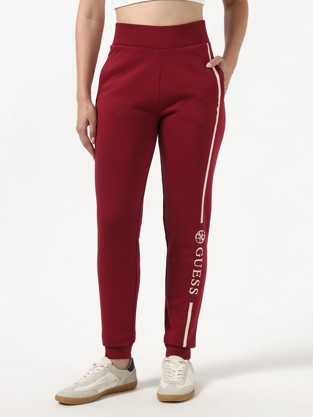 Guess Women Allegra Beet Juice Red Solid Woven Joggers