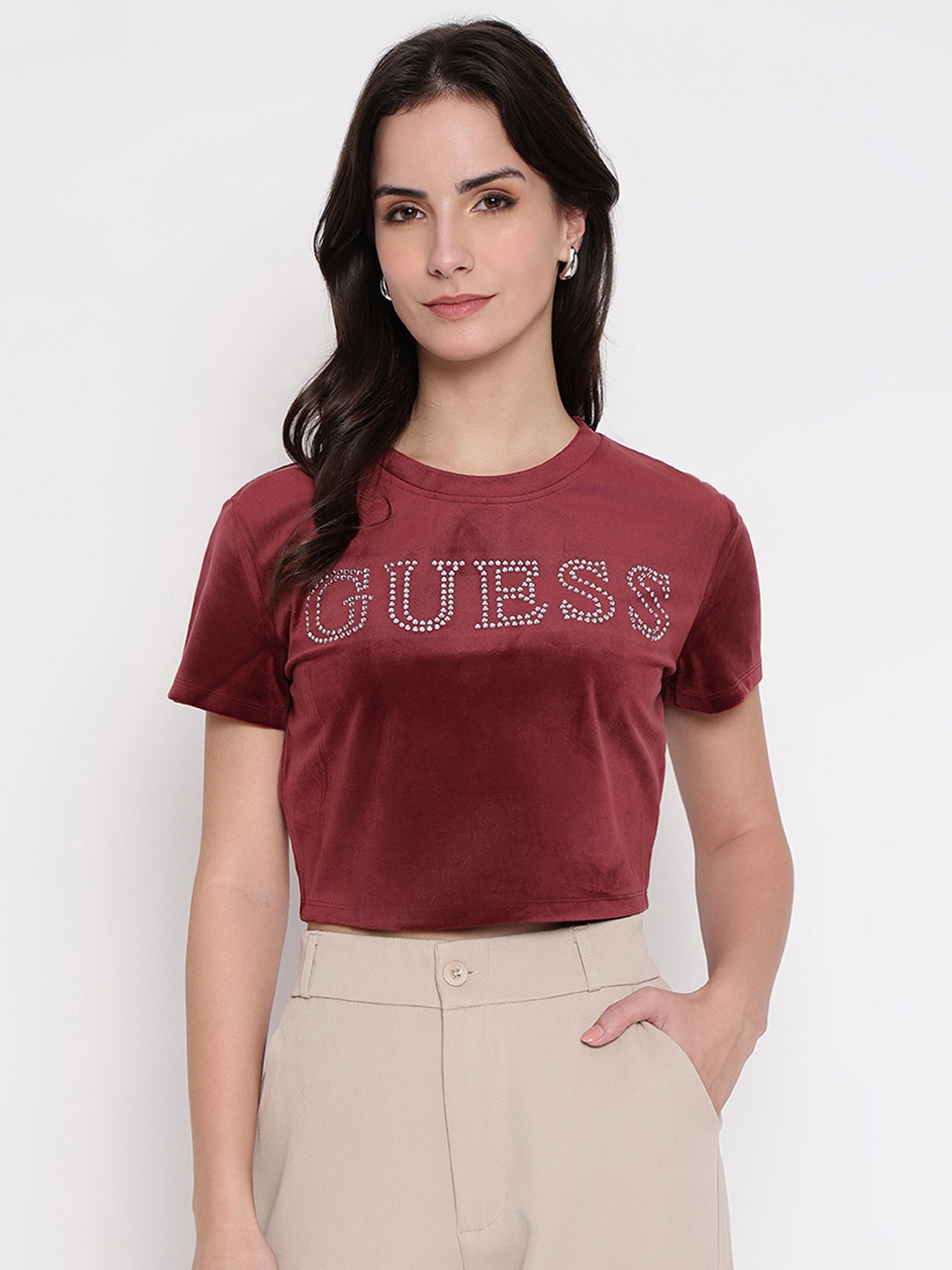 Red Embellished Crew Neck T-shirt