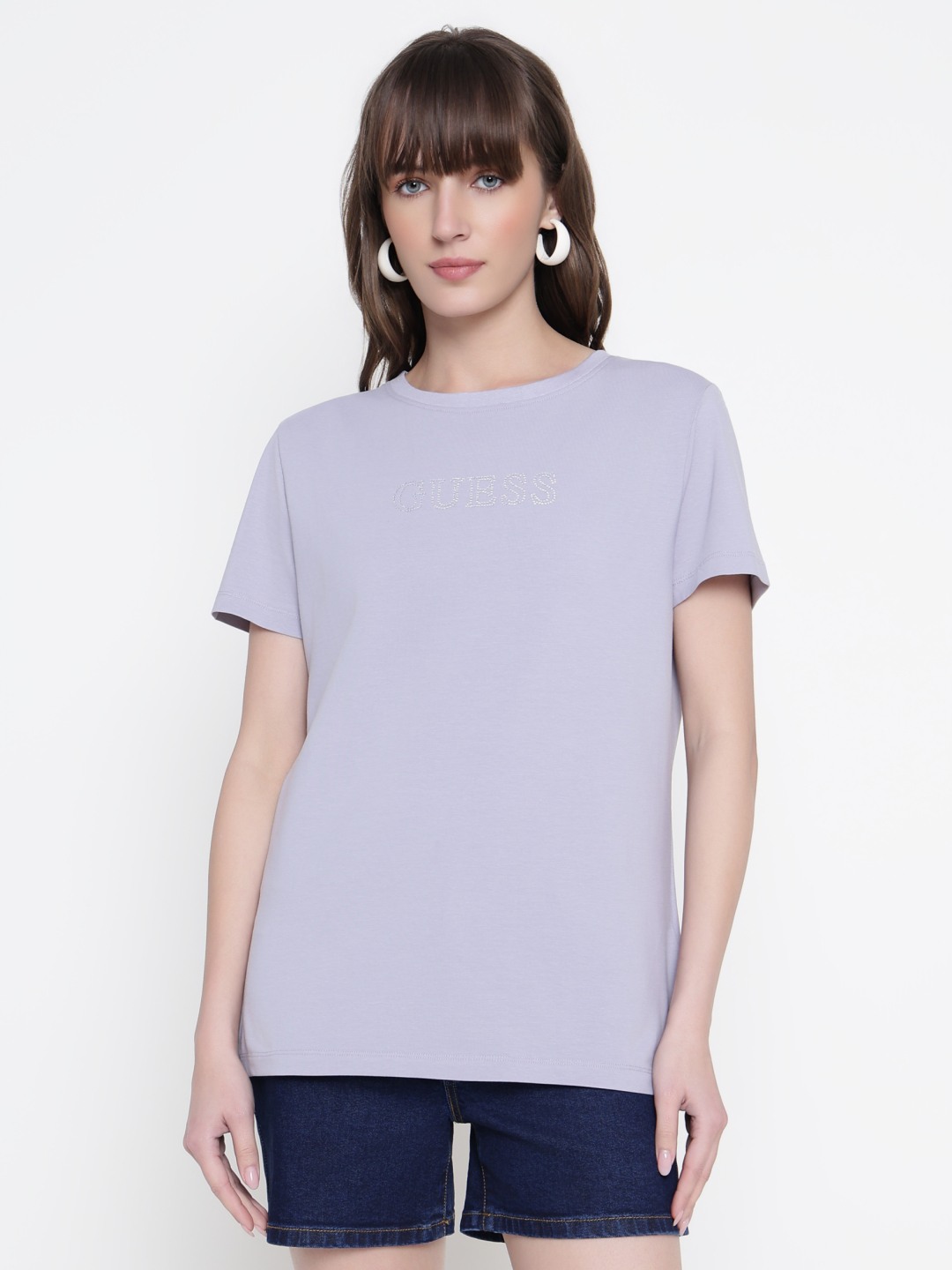 Women Lilac Embellished Round Neck T-shirt