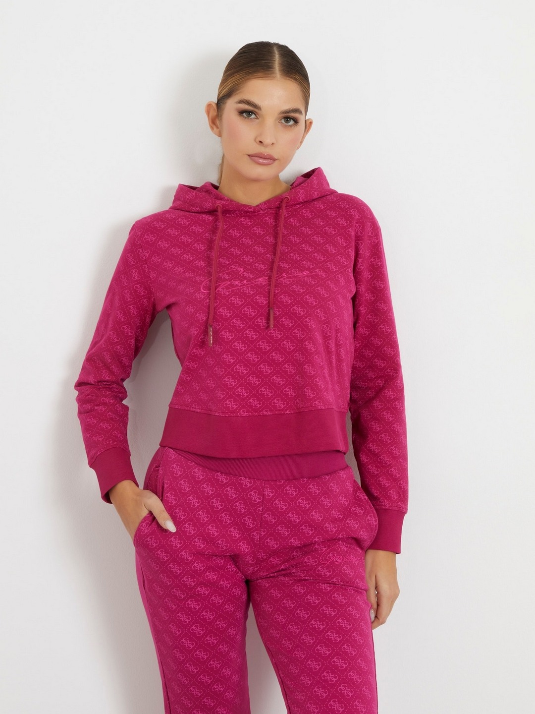 Pink Cotton Blend Printed Hooded Neck Sweatshirt