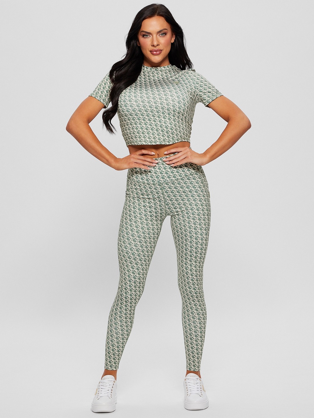 Green Polyester Blend Printed Round Neck Tops