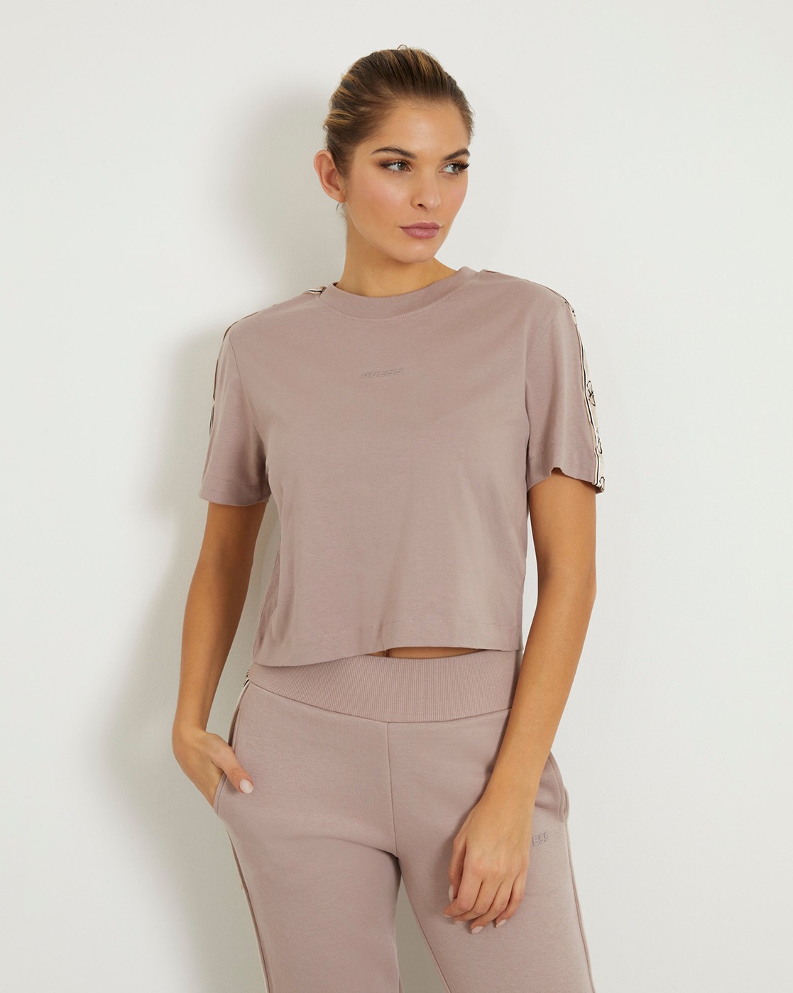 Guess Women's Posh Taupe Solid Round Neck Short Sleeve Britney Crop T-Shirt