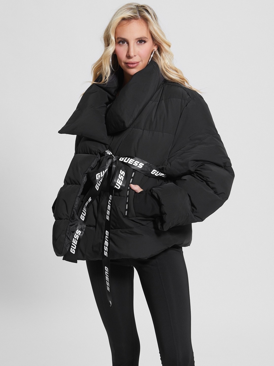 Jet Black Solid High Neck Full Sleeve Claudia Puffer Jacket