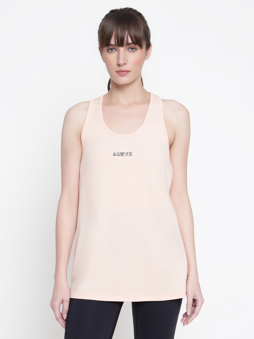 Women Peach Solid Scoop Neck Tank Top