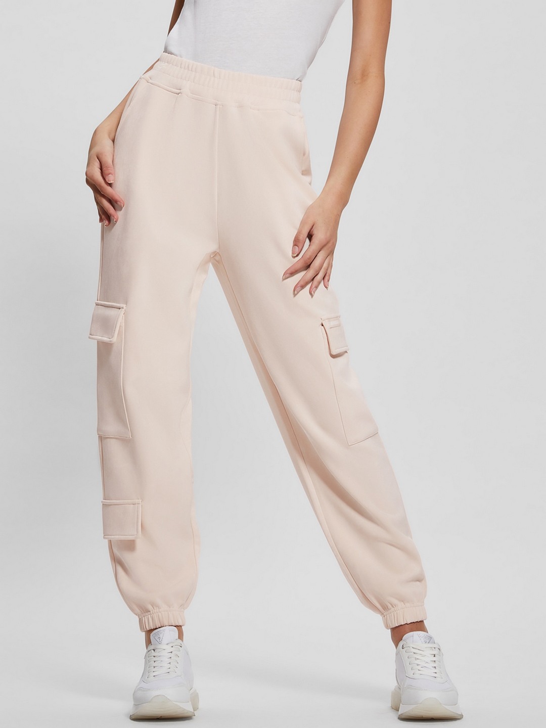 Guess Beige Polyester Blend Solid Regular Fit Cargo Pant