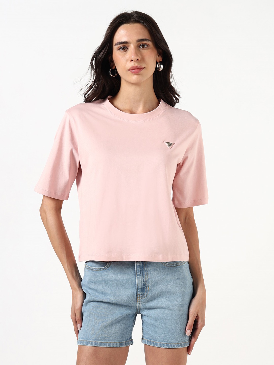 Guess Women Solid Round Neck Short Sleeves T-Shirt