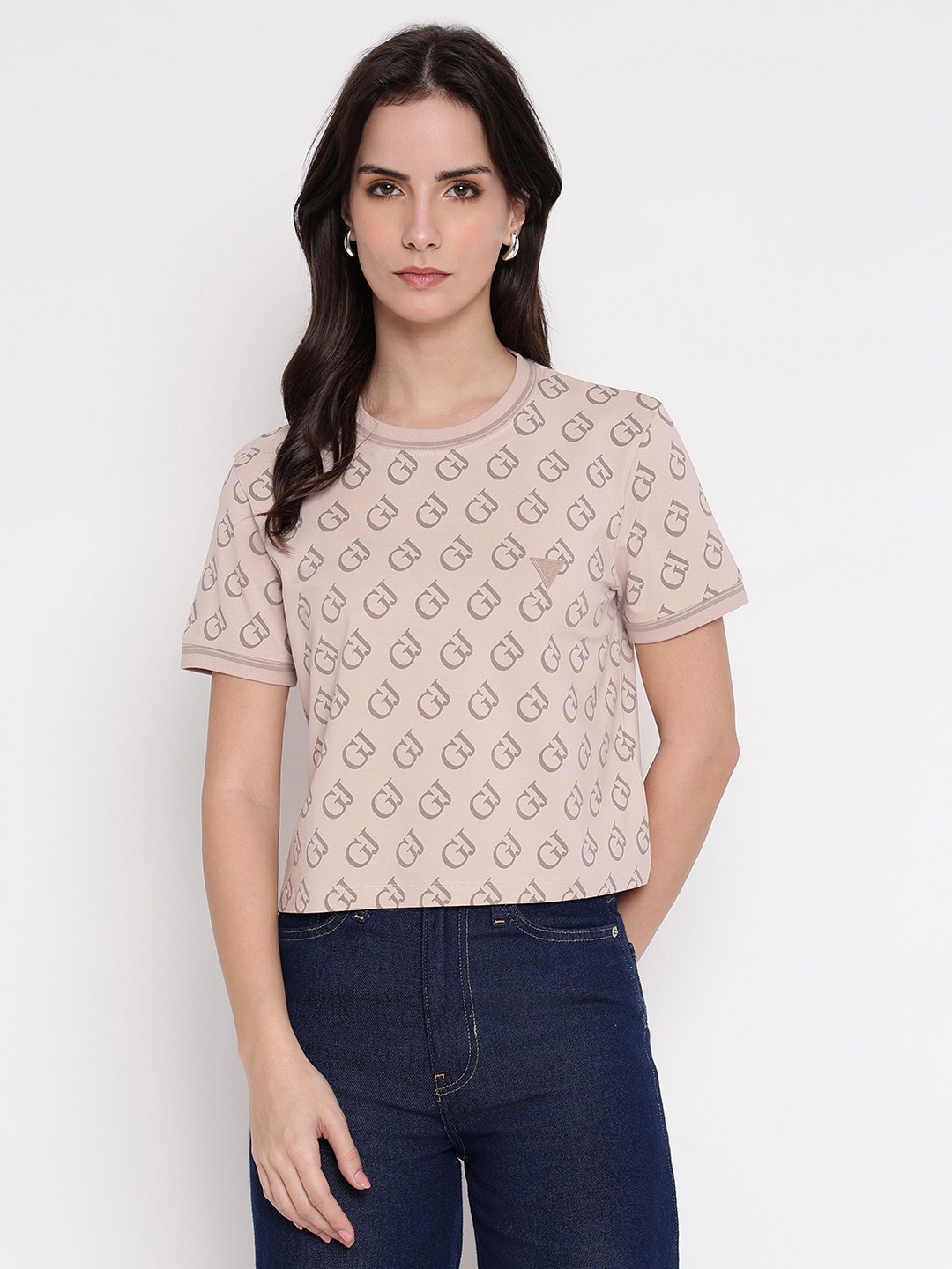 Guess Logomania Beige Printed Women T-Shirt