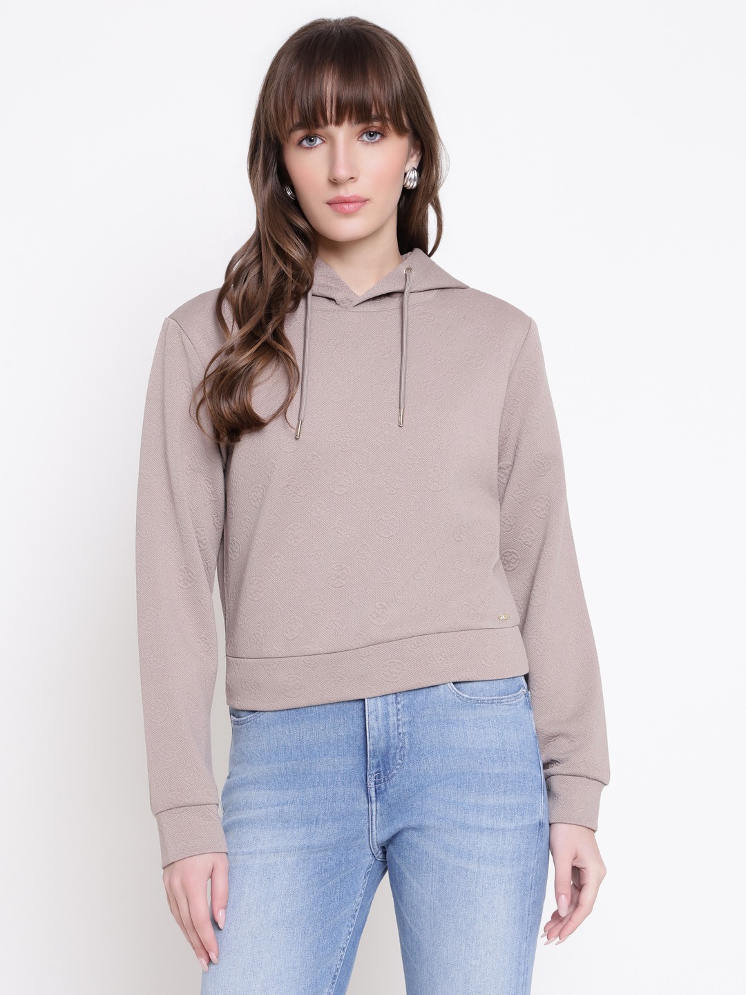 Guess Women Peony Weathered Grey Jacquard Hooded Neck Regular Fit Sweatshirt