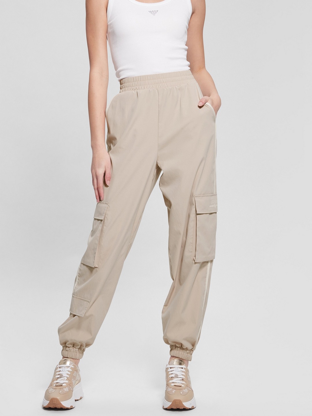 Guess Taupe Polyester Solid Regular Fit Trouser