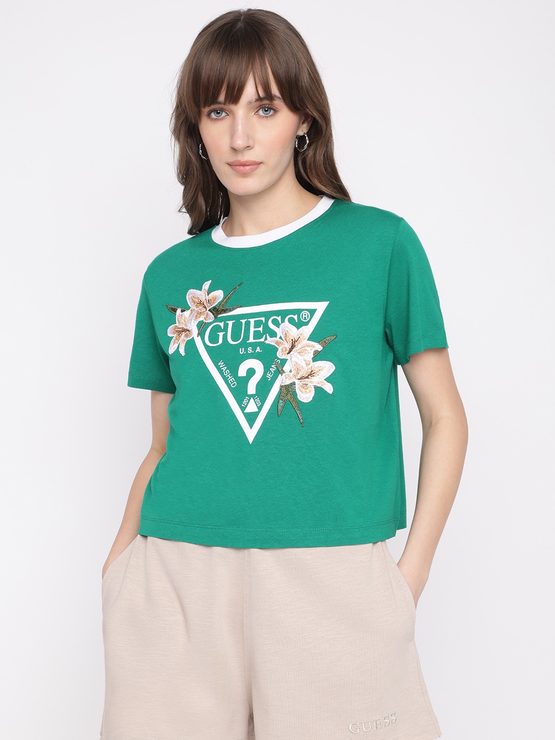 Guess Women's Green Embroidered Crew Neck Short Sleeves T-Shirt