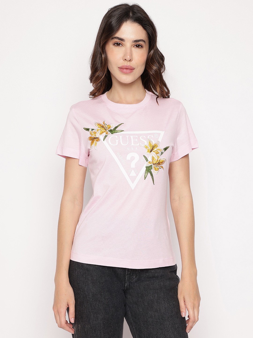Pink Printed Round Neck Zoey Artisan Jersey T-Shirt