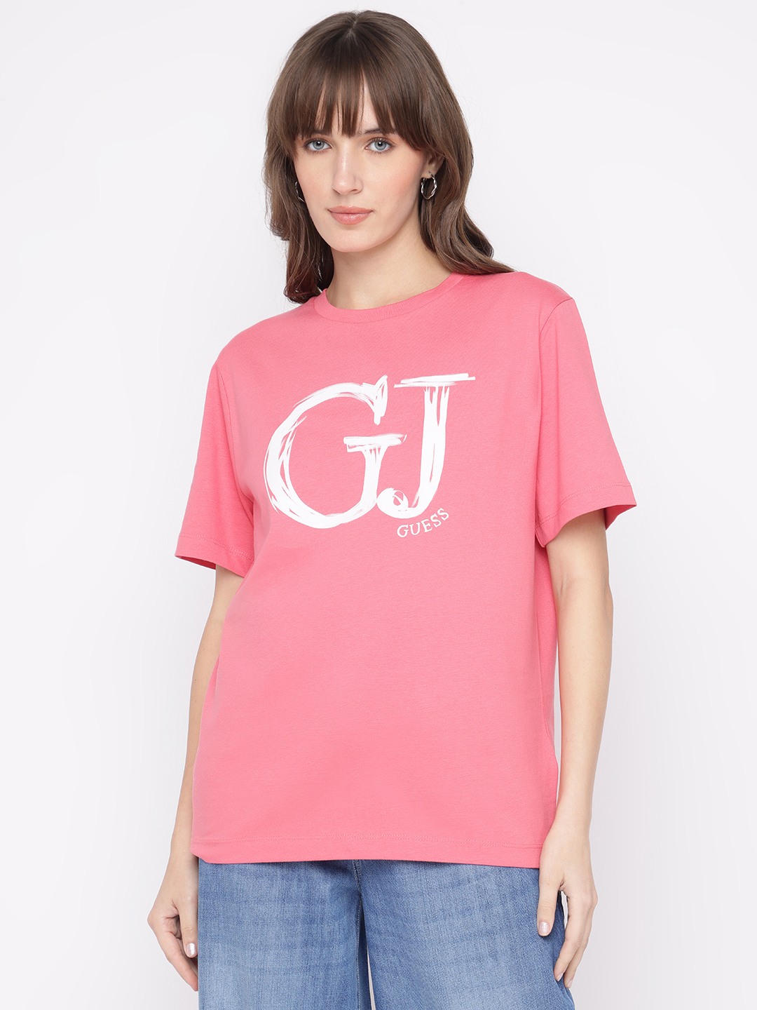 Guess Women's Pink Printed Crew Neck Short Sleeves T-Shirt