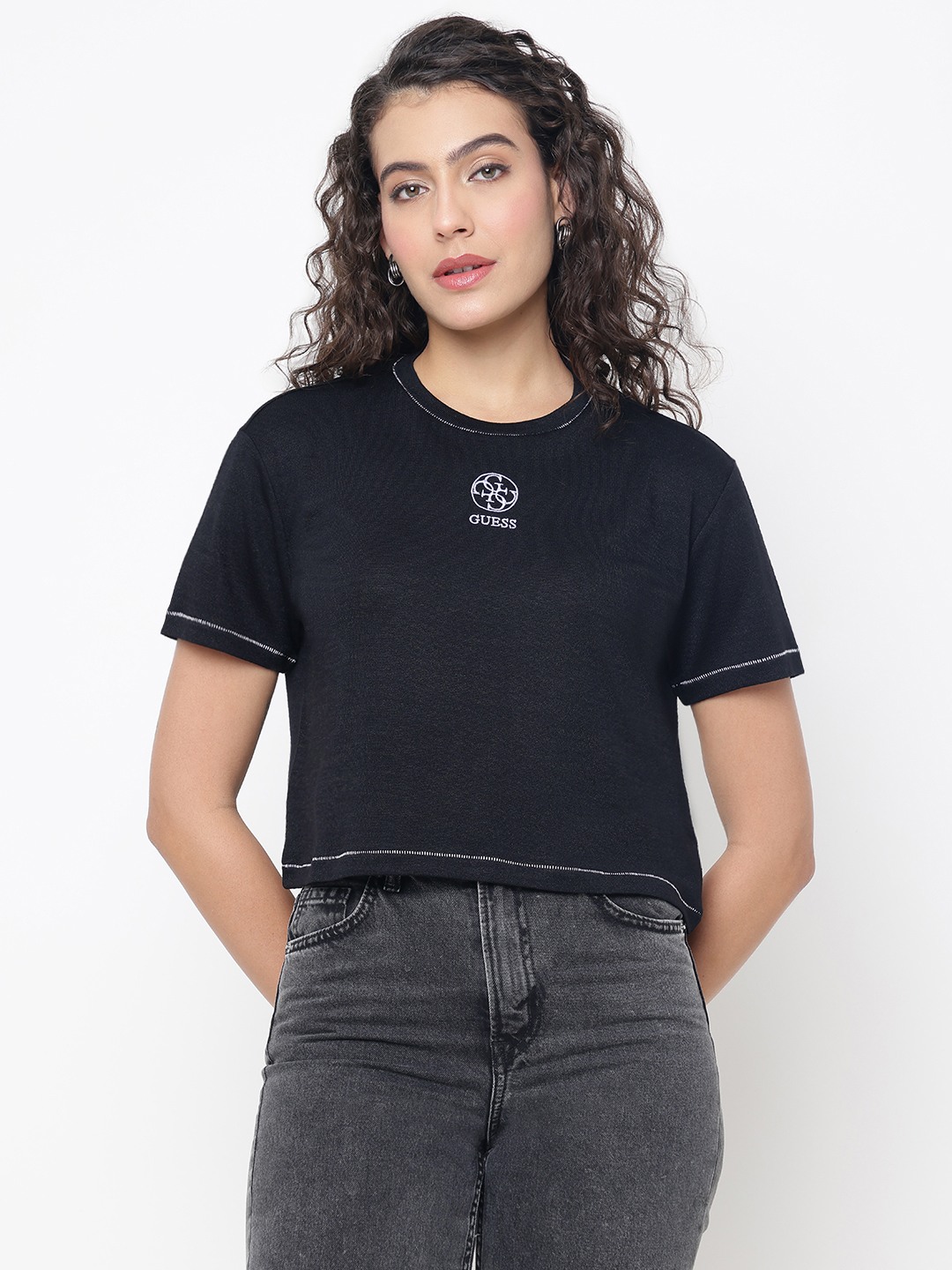Eléa Flamed Jet Black Solid Round Neck Boxy Fit T-Shirt