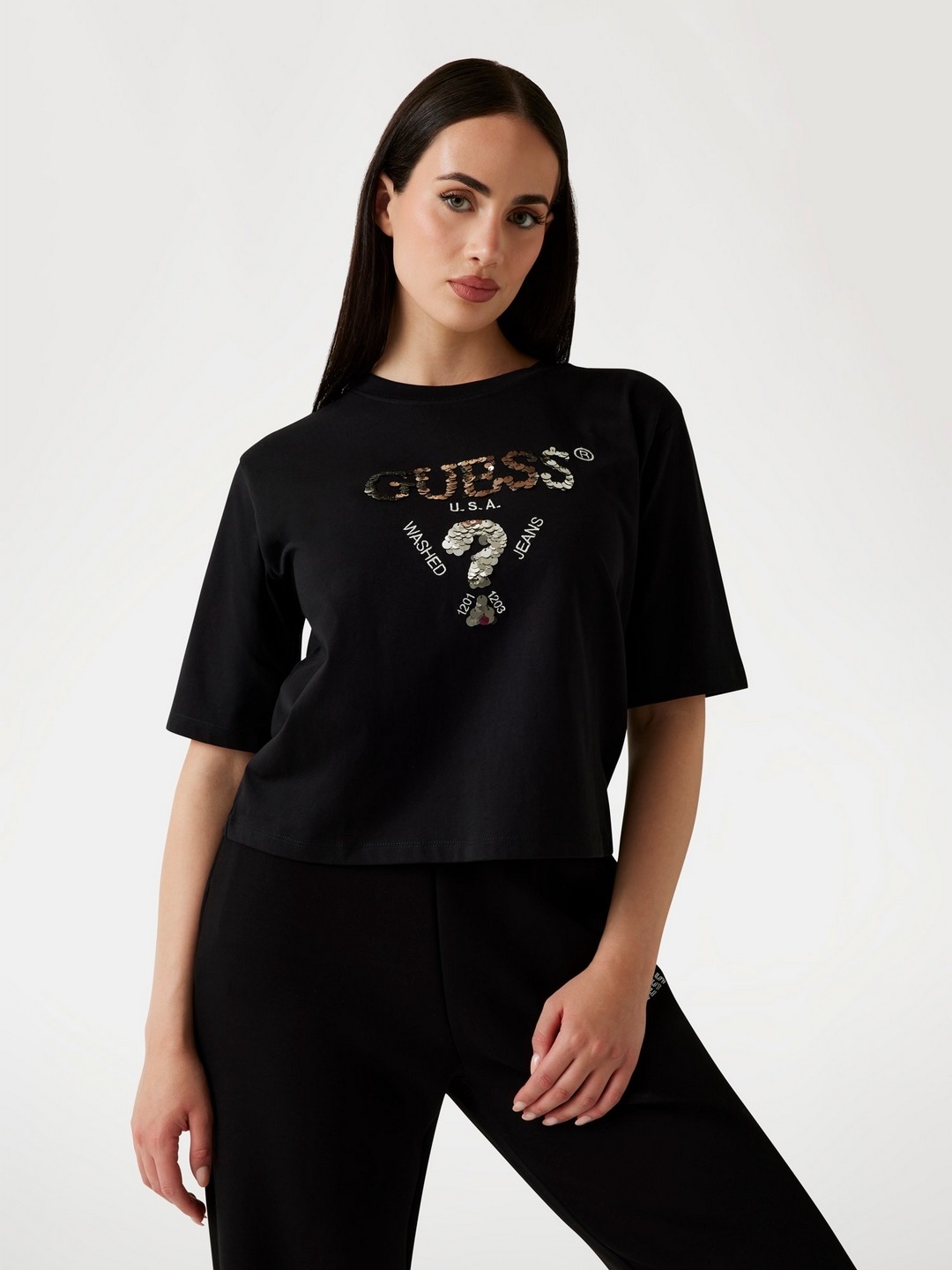 Guess Women Sequined Round Neck Short Sleeves T-shirt