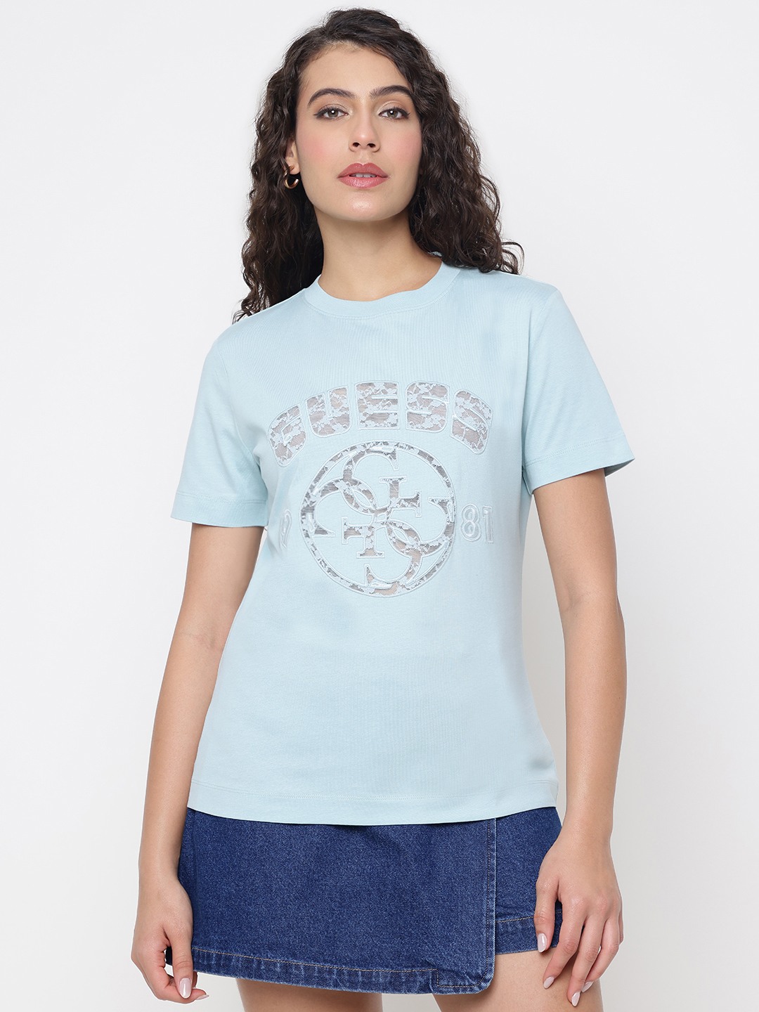 Régine Mid Organic Stream Seafoam Mist Textured Logo Round Neck Regular Fit T-Shirt