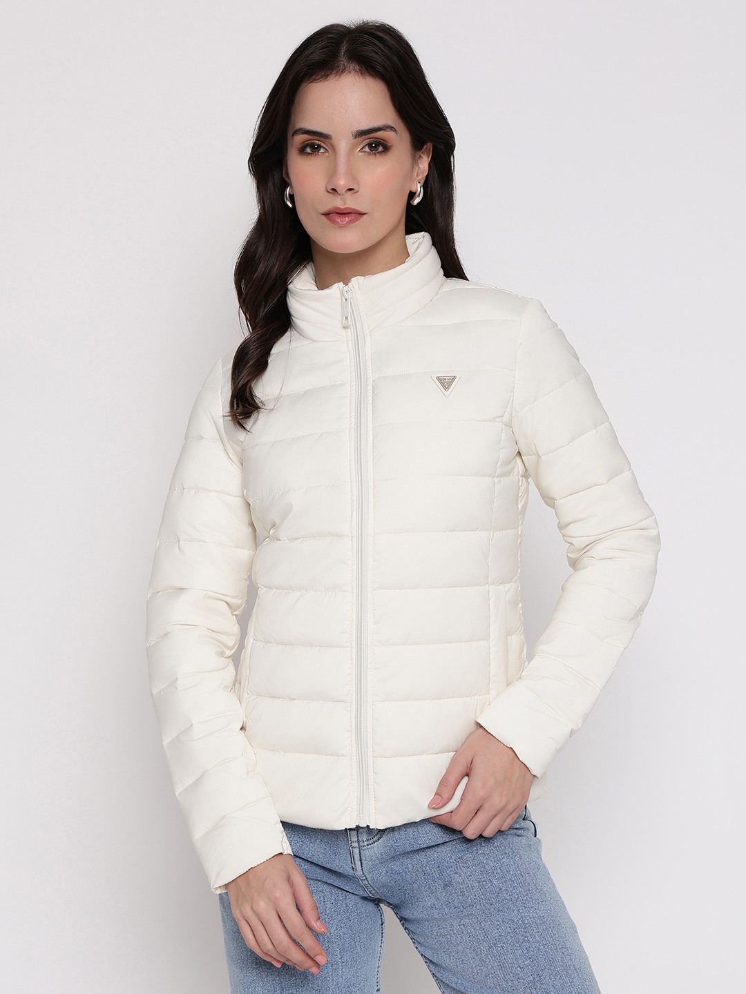 White Solid High Neck Jacket