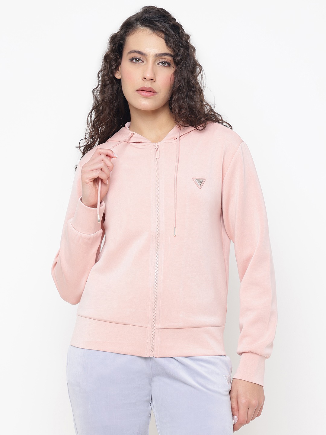 Olympe Full Zip Midweight Scuba Rose Bliss Solid Hooded Neck Regular Fit Sweatshirt