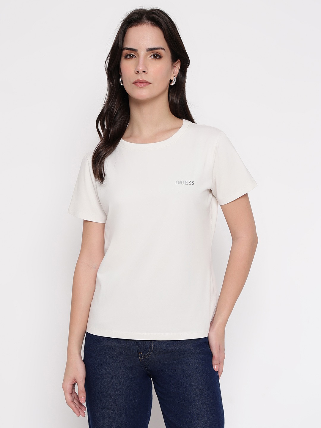 Guess New Colette White Solid Women T-Shirt