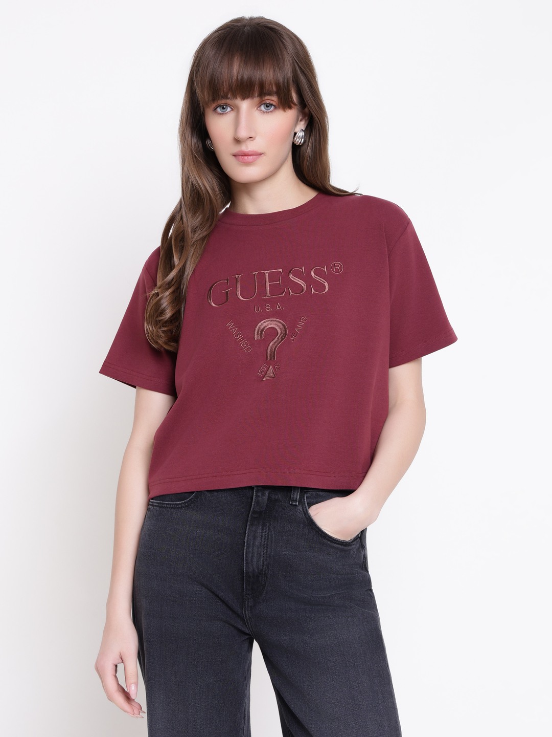 Guess Women Fabia Grape Violet Embroidered Round Neck Regular Fit T-Shirt