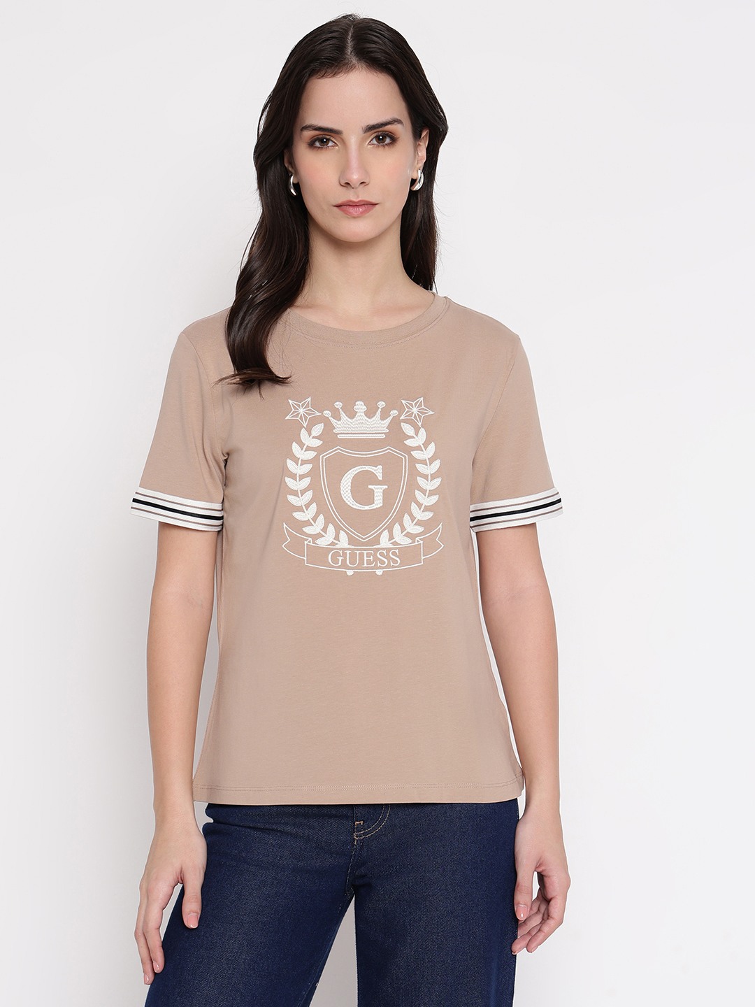 Beige Embroidered Crew Neck T-shirt