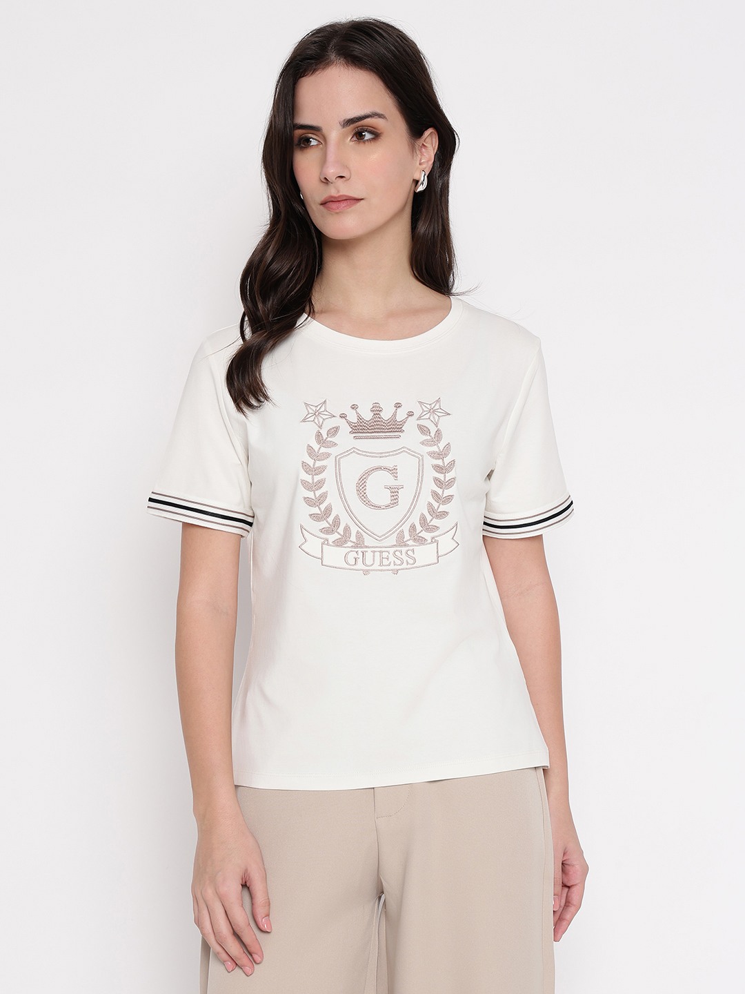 White Embroidered Crew Neck T-shirt