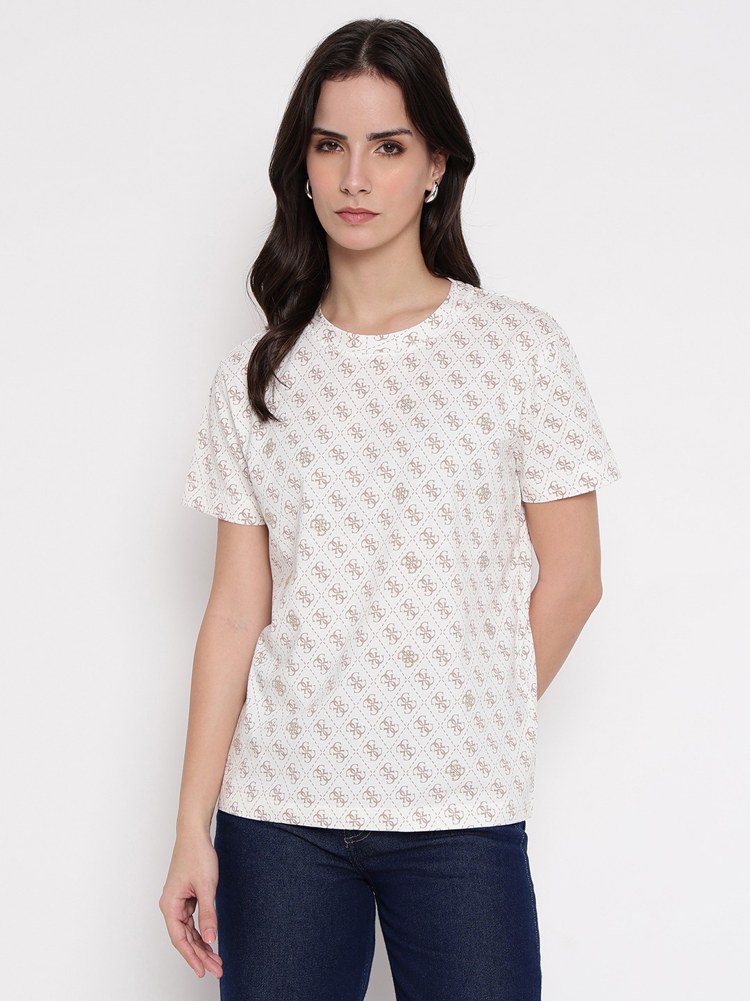 Guess Rhombus White Printed Women T-Shirt