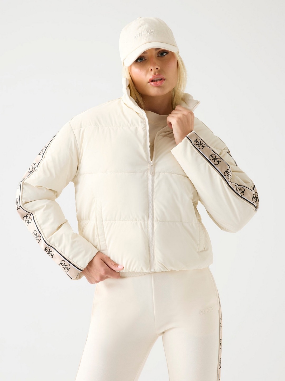 Cream Solid High Neck Jacket