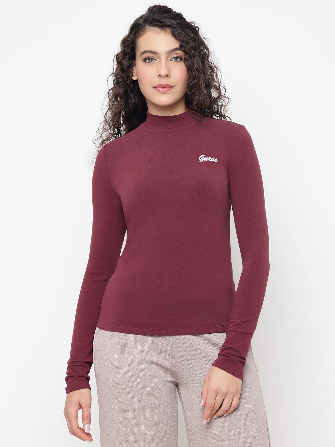 Alba Grape Violet Solid High Neck Regular Fit T-Shirt