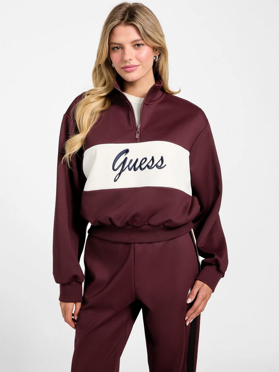 Guess Women Color-Blocked High Neck Full Sleeves Sweatshirt