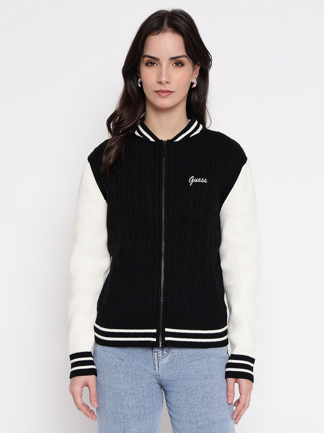 Guess Lavinia Bomber Black & White Colorblock Women Cardigan