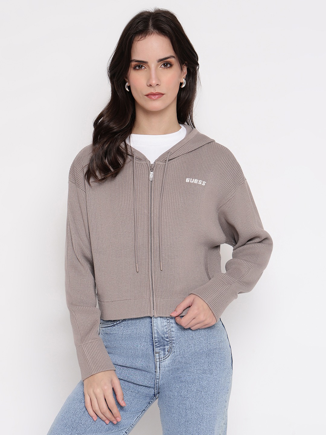 Grey Ribbed Hooded Cardigan