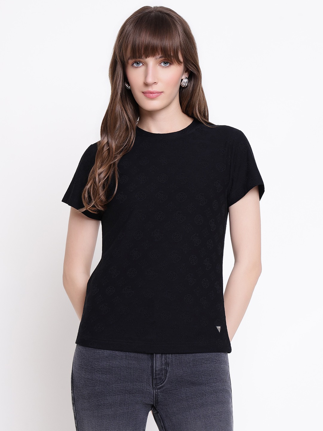 Guess Women Monica Black Peony Embossed Jacquard Round Neck Regular Fit T-Shirt