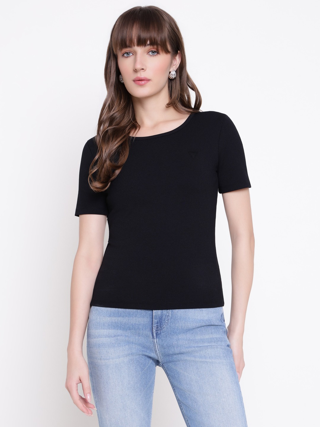 Guess Women Steffi Jet Black Solid Round Neck Regular Fit T-Shirt
