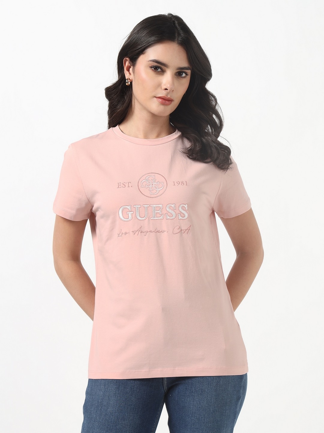 Guess Women Mid Organic Pink Roses Embroidery Round Neck Half Sleeves Knit T-Shirt