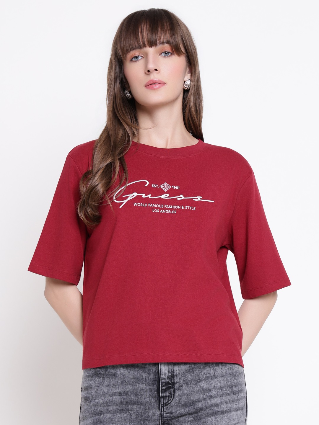 Guess Women Signature Boxy Tahiti Red Embroidered Round Neck Regular Fit T-Shirt